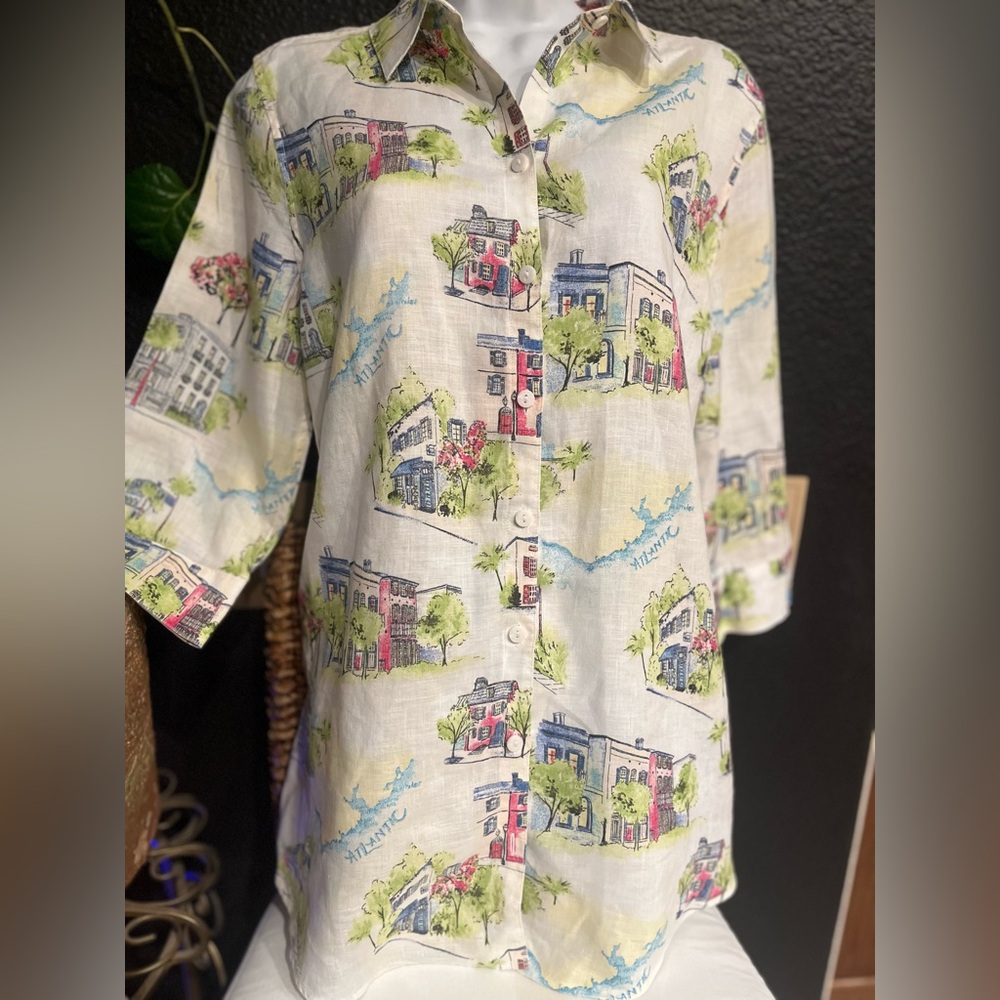 Chico's Cream Button-Up 100% Linen blouse 
ATLANTIC BUILDINGS TRAVEL PRINT
